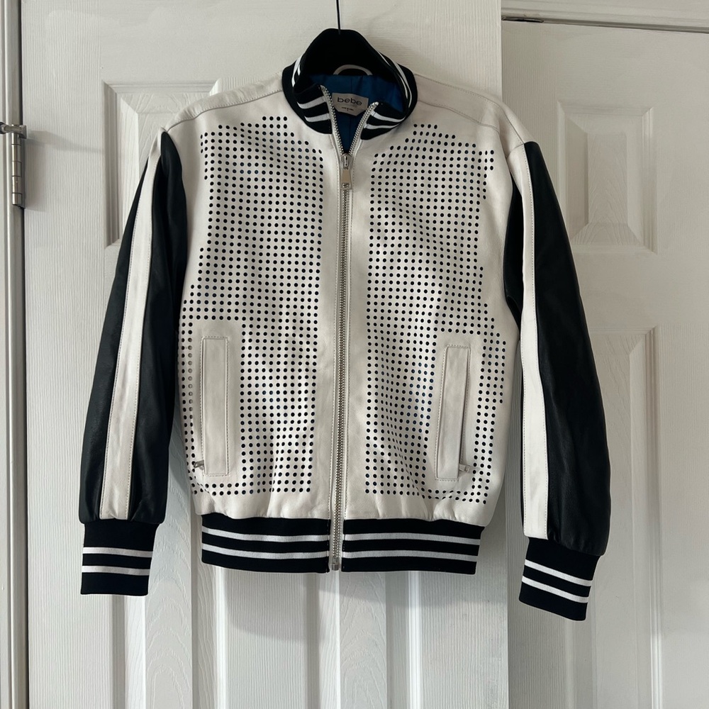 Bebe Perforated White and Black Leather Bomber